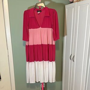 Red and Pink Tiered Midi Sundress with Polo Collar